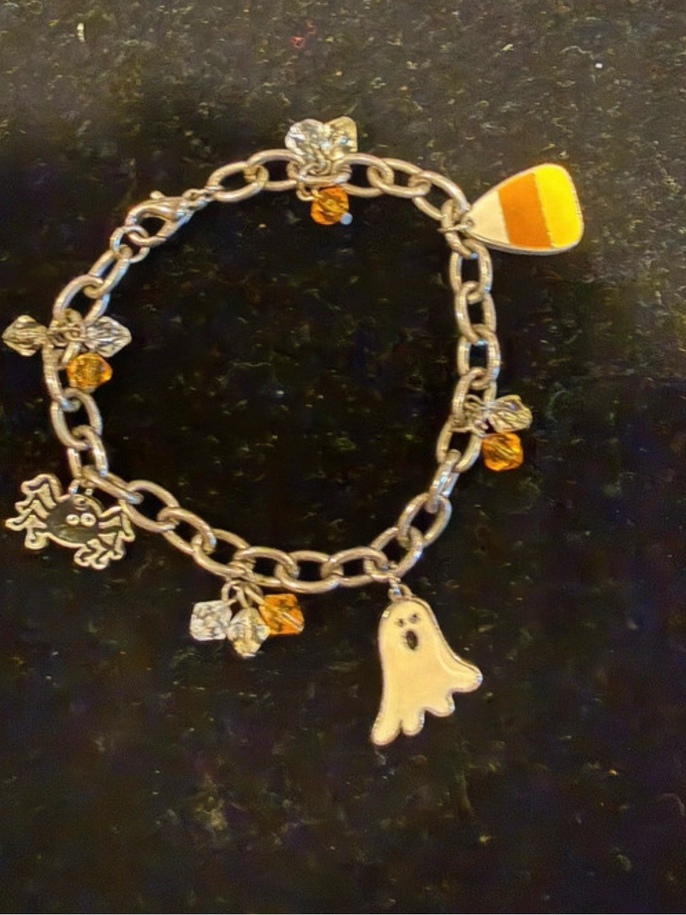 Halloween Silver Tone Charm Bracelet with Orange Accents